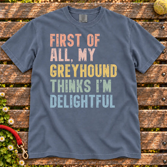 “My Greyhound thinks I’m delightful” text on a Denim Comfort Colors® T-shirt