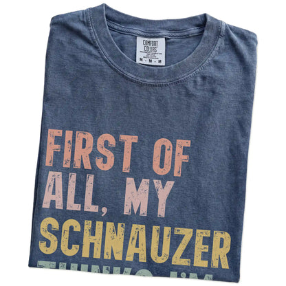 Folded Denim Comfort Colors® T-shirt showing “My Schnauzer thinks I’m delightful” text
