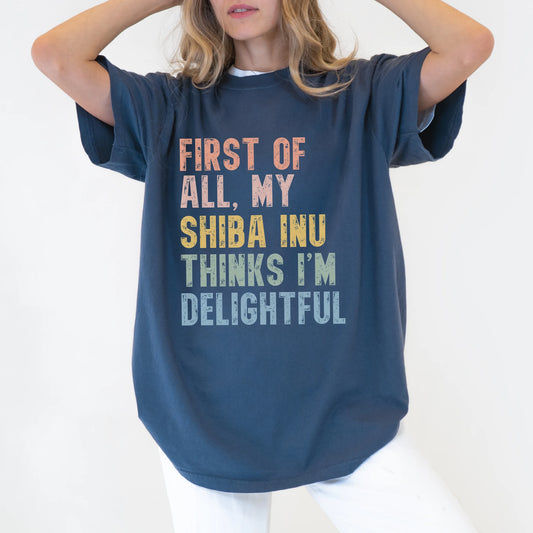 Model wearing a Denim Comfort Colors® T-shirt with “My Shiba Inu thinks I’m delightful” text