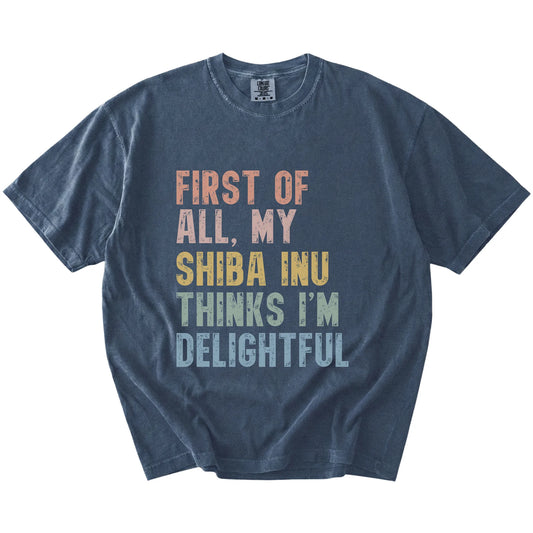 “My Shiba Inu thinks I’m delightful” text on a Denim Comfort Colors® T-shirt