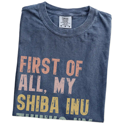 Folded Denim Comfort Colors® T-shirt showing “My Shiba Inu thinks I’m delightful” text
