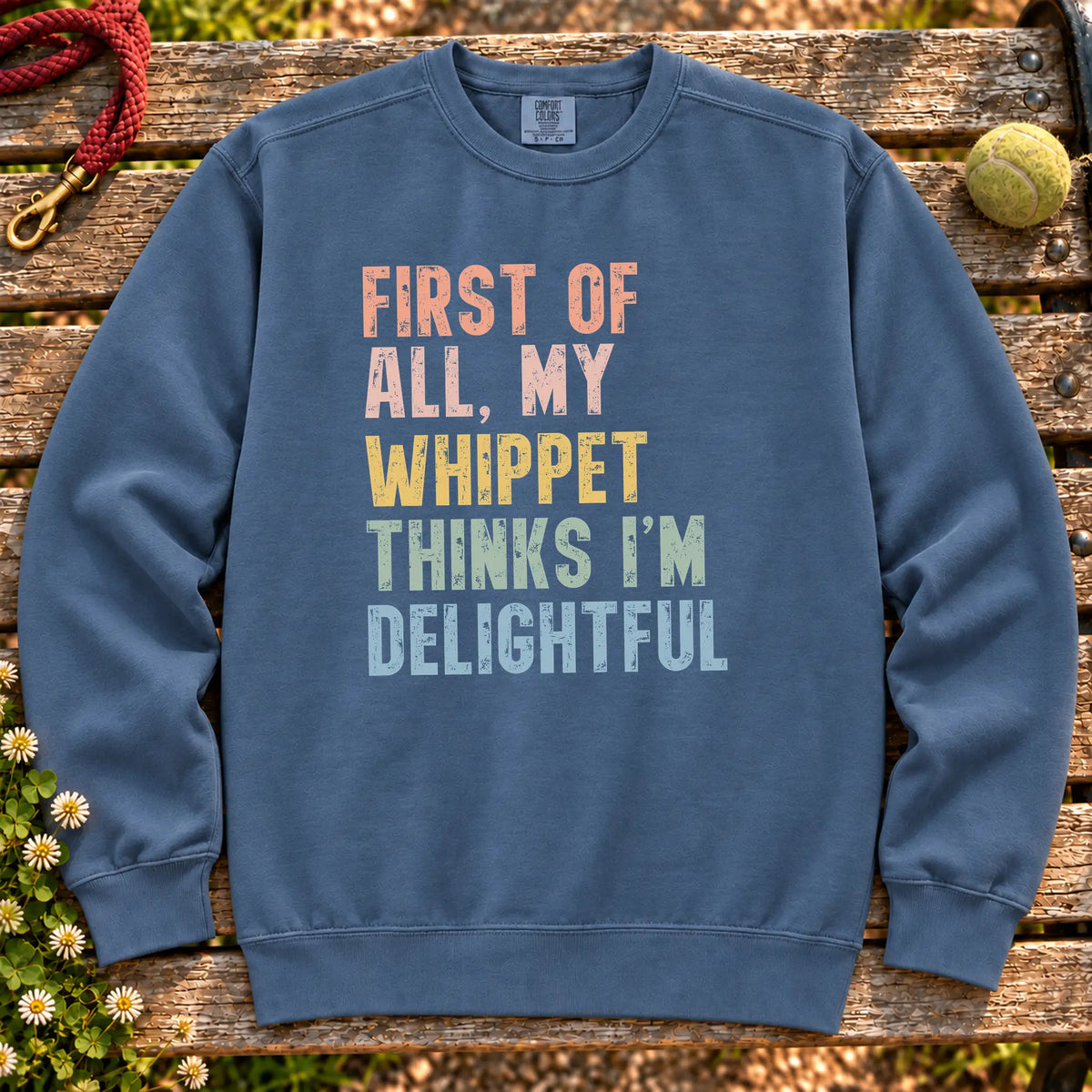“First of all, my Whippet thinks I’m delightful” text on a Denim sweatshirt