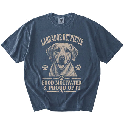 Labrador Retriever design with “Food Motivated & Proud Of It” lettering on a Denim Comfort Colors® T-shirt