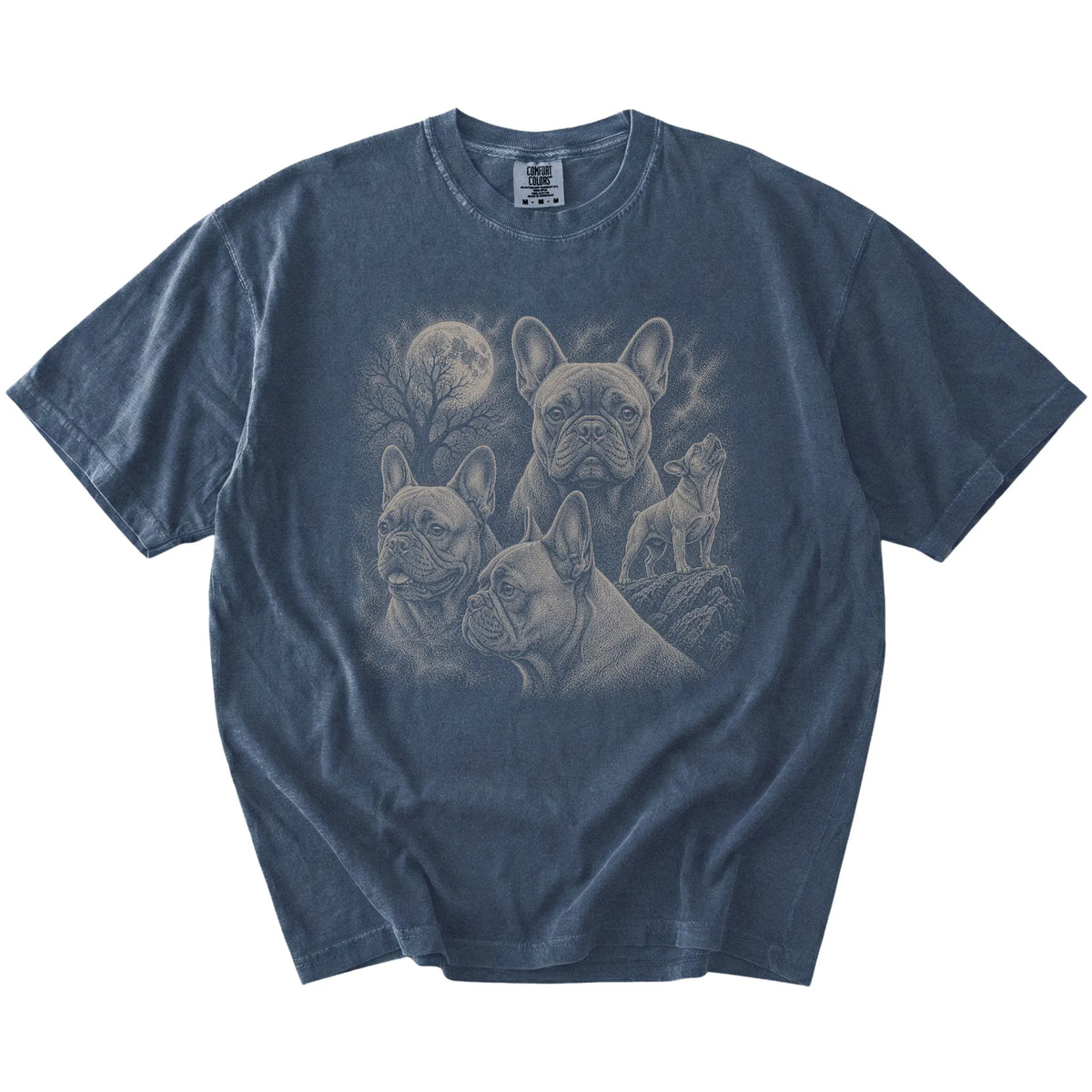 Vintage moon montage featuring French Bulldog on a Denim Comfort Colors® T-shirt