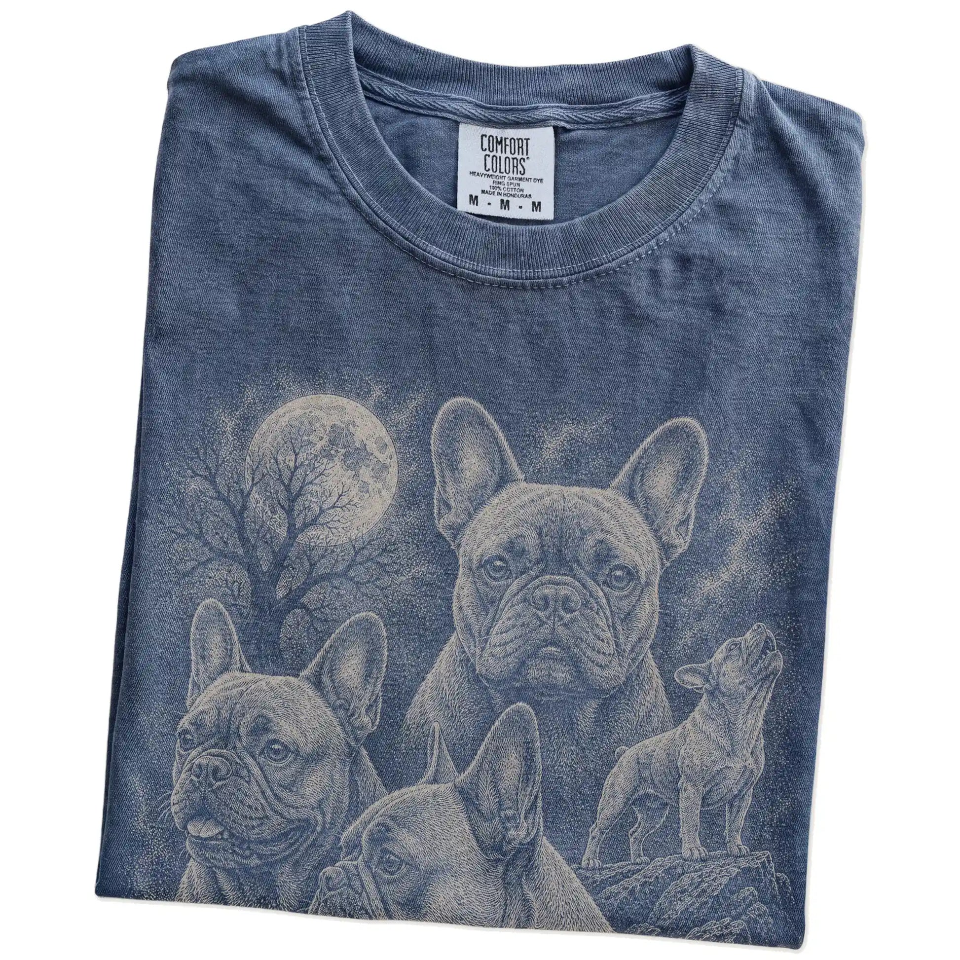 Folded Denim Comfort Colors® T-shirt showing a vintage moon montage featuring French Bulldog
