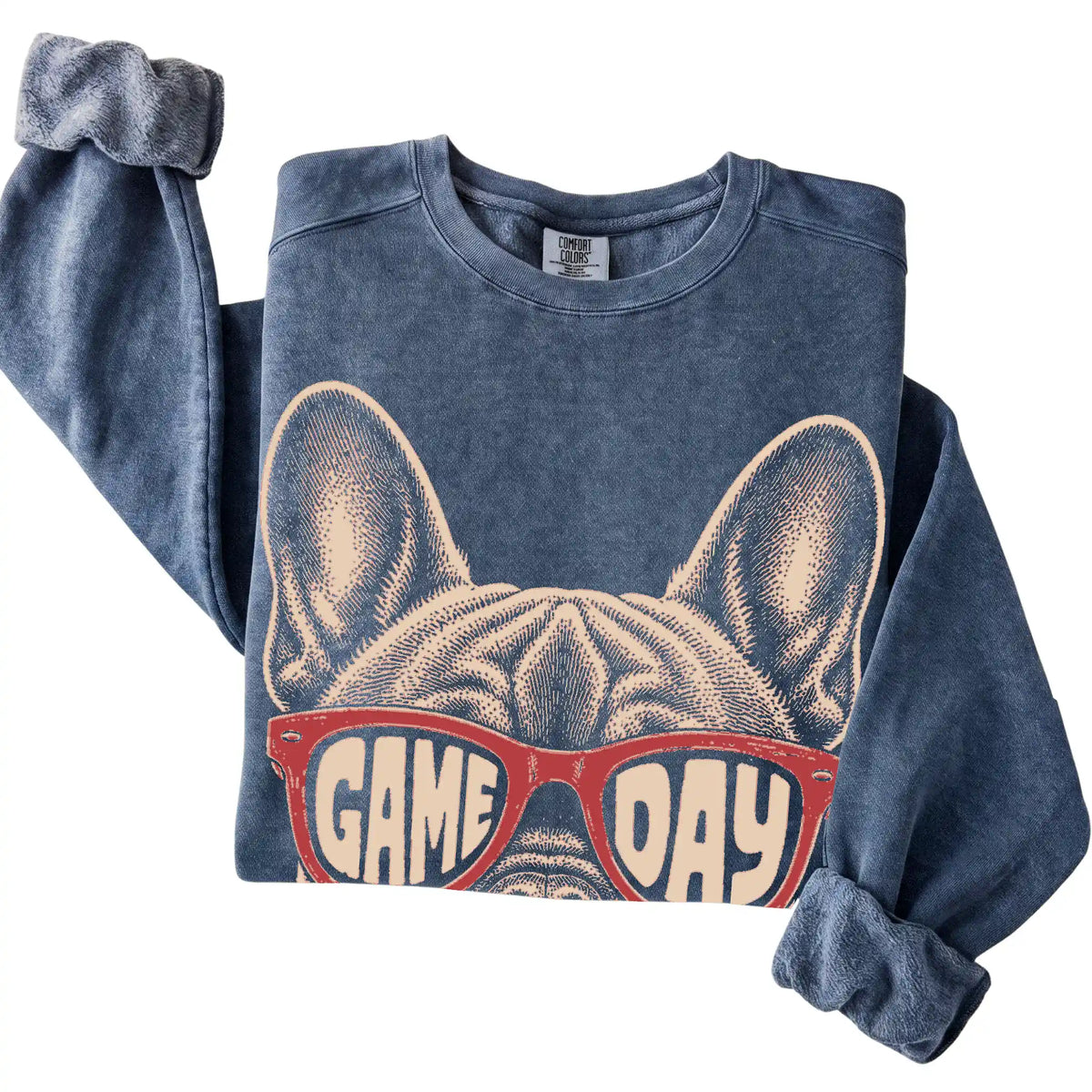 Denim French Bulldog Game Day Sunglasses sweatshirt, folded
