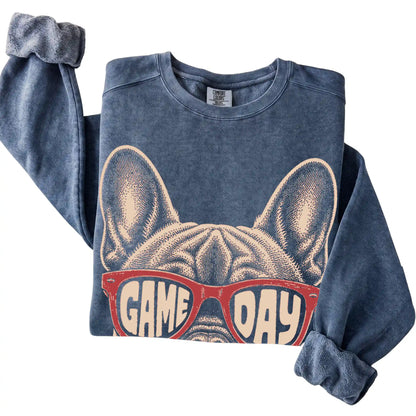 Denim French Bulldog Game Day Sunglasses sweatshirt, folded