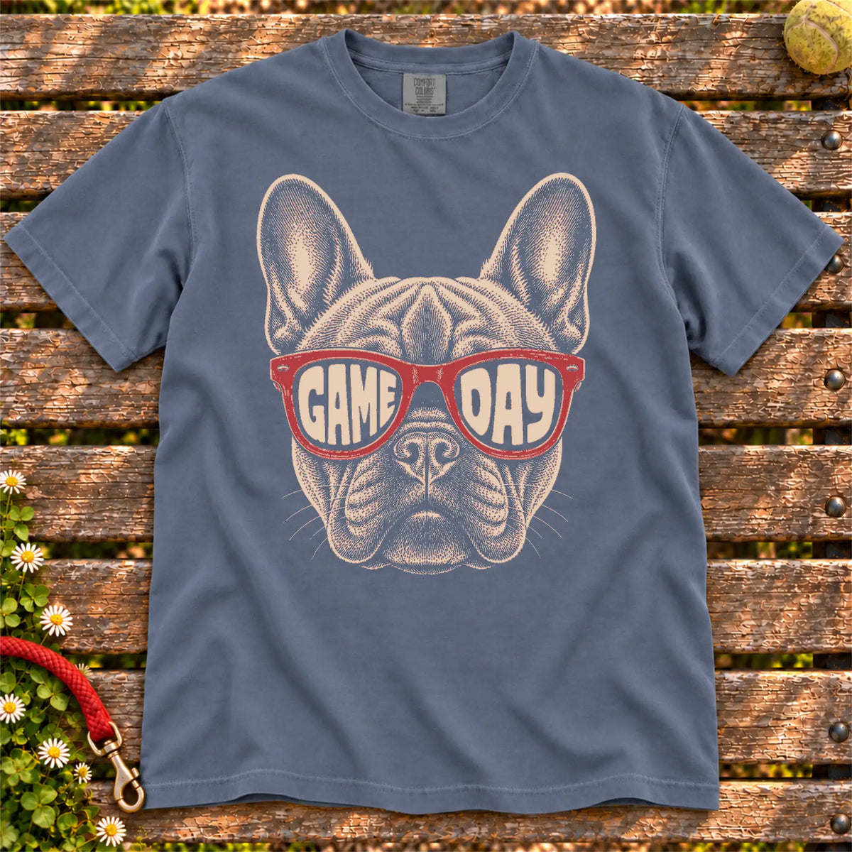 French Bulldog Game Day design on a Denim Comfort Colors T-shirt, shown flat
