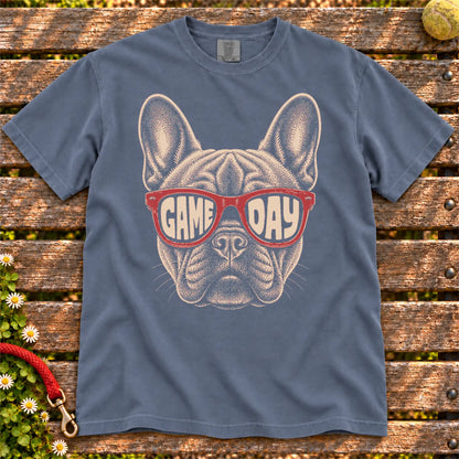 French Bulldog Game Day design on a Denim Comfort Colors T-shirt, shown flat