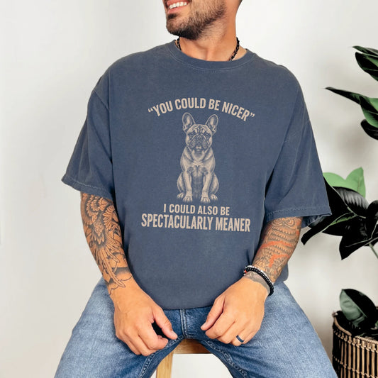 French Bulldog Guard Dog T-Shirt in Denim worn in a studio setting