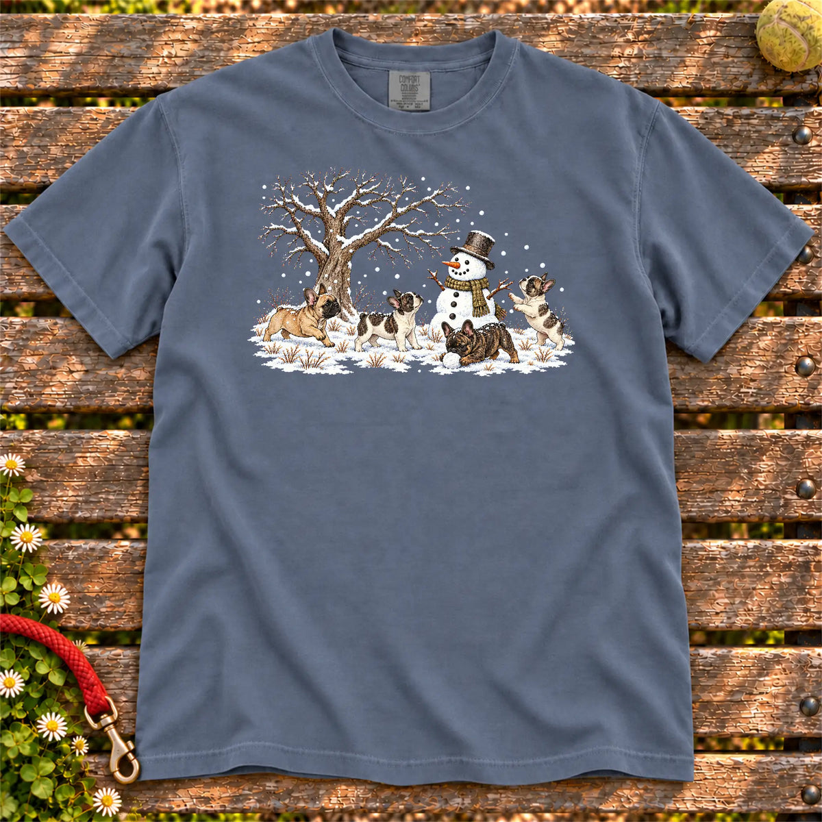French Bulldog puppies playing in snow with a snowman on a Denim T-shirt