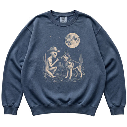 Denim Comfort Colors® sweatshirt featuring German Shepherd Cowboy and Alien, laid-flat presentation