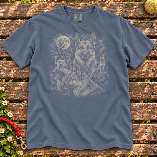 German Shepherd 90s Moon design on a Denim T-shirt shown flat