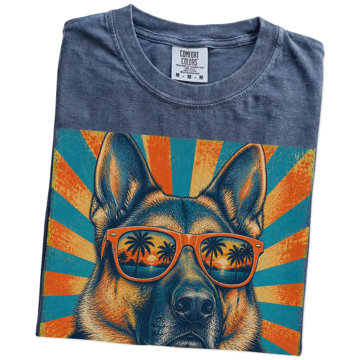Retro German Shepherd Dad design on a Denim Comfort Colors T-shirt folded detail