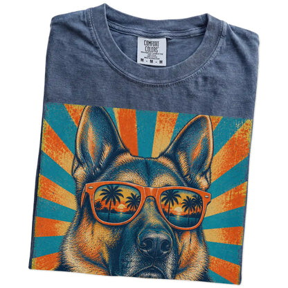 Retro German Shepherd Dad design on a Denim Comfort Colors T-shirt folded detail