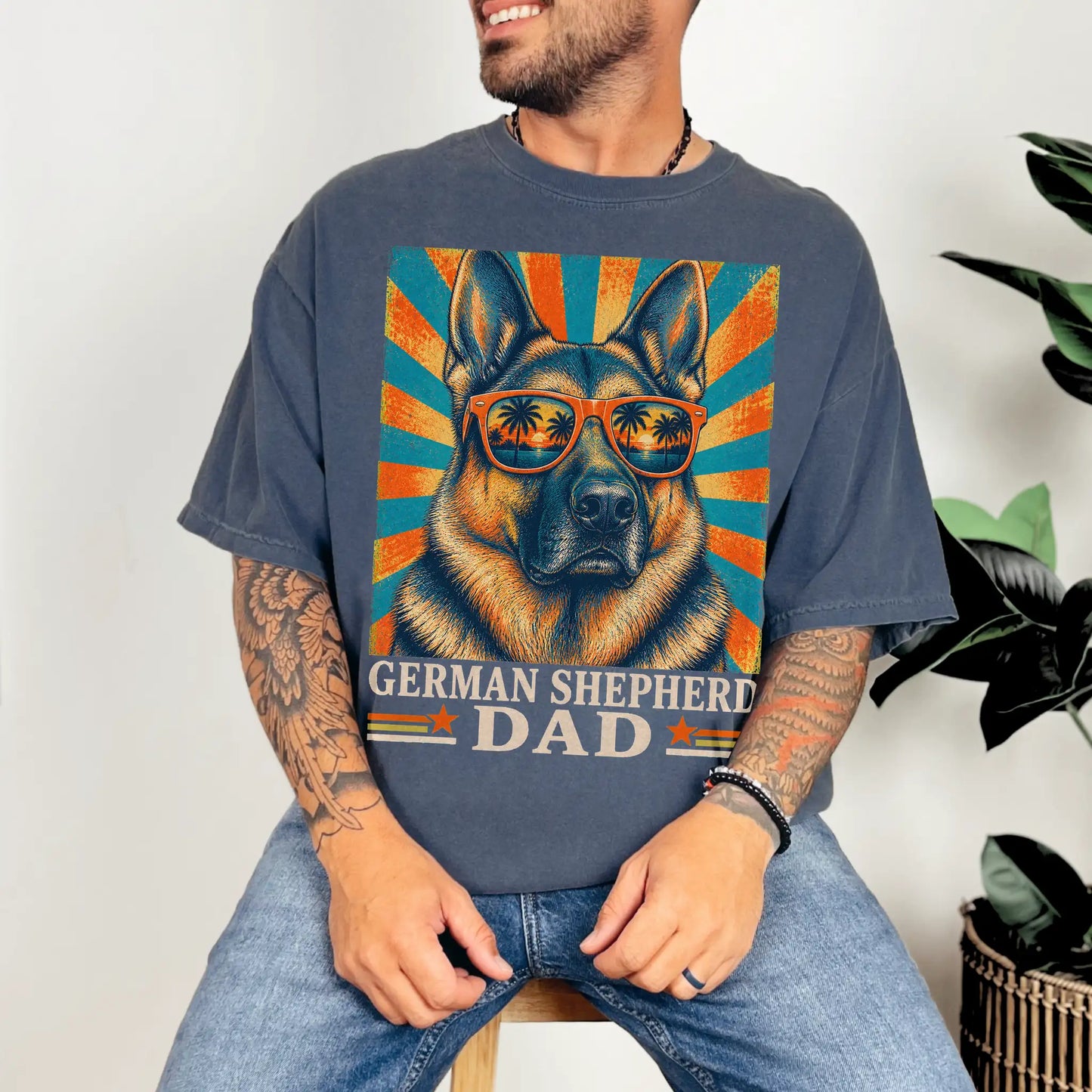 Retro German Shepherd Dad design on a Denim Comfort Colors T-shirt worn by a model
