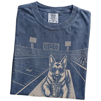 Folded Denim Comfort Colors® T-shirt showing German Shepherd ready for football and tailgate season