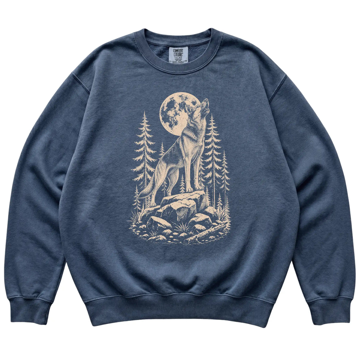 Close view of German Shepherd Howling at the Moon artwork on Denim Comfort Colors sweatshirt