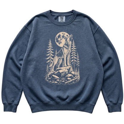 Close view of German Shepherd Howling at the Moon artwork on Denim Comfort Colors sweatshirt