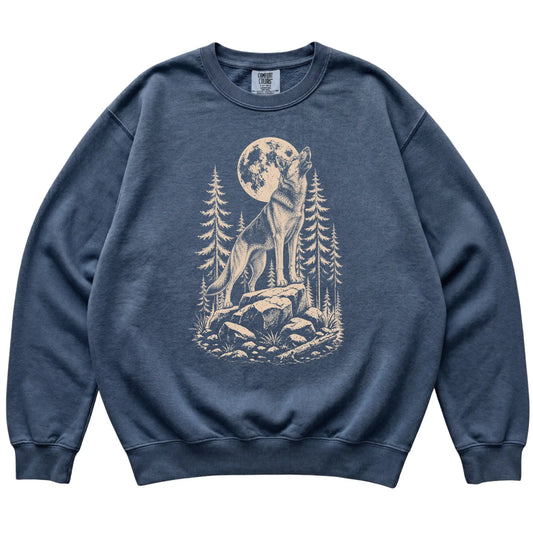 Close view of German Shepherd Howling at the Moon artwork on Denim Comfort Colors sweatshirt