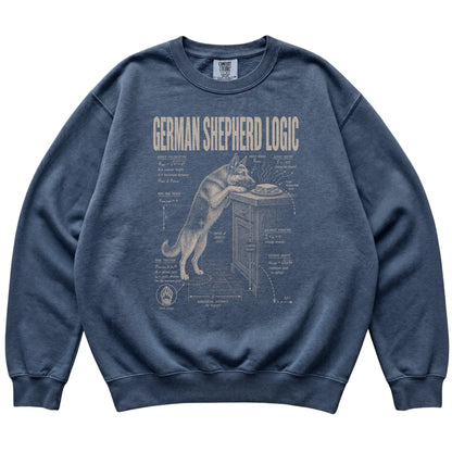 Denim German Shepherd Logic sweatshirt laid flat