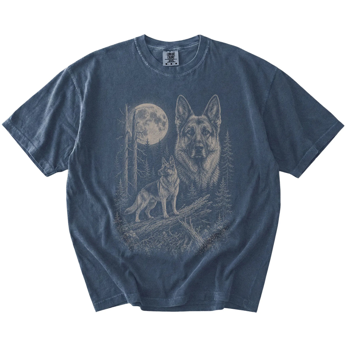 Denim German Shepherd Moonlit Forest T-Shirt laid flat