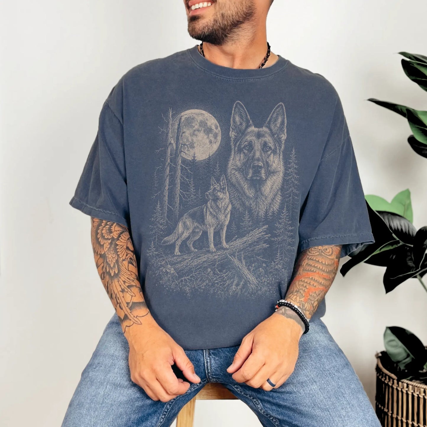 Man wearing a Denim German Shepherd Moonlit Forest T-Shirt