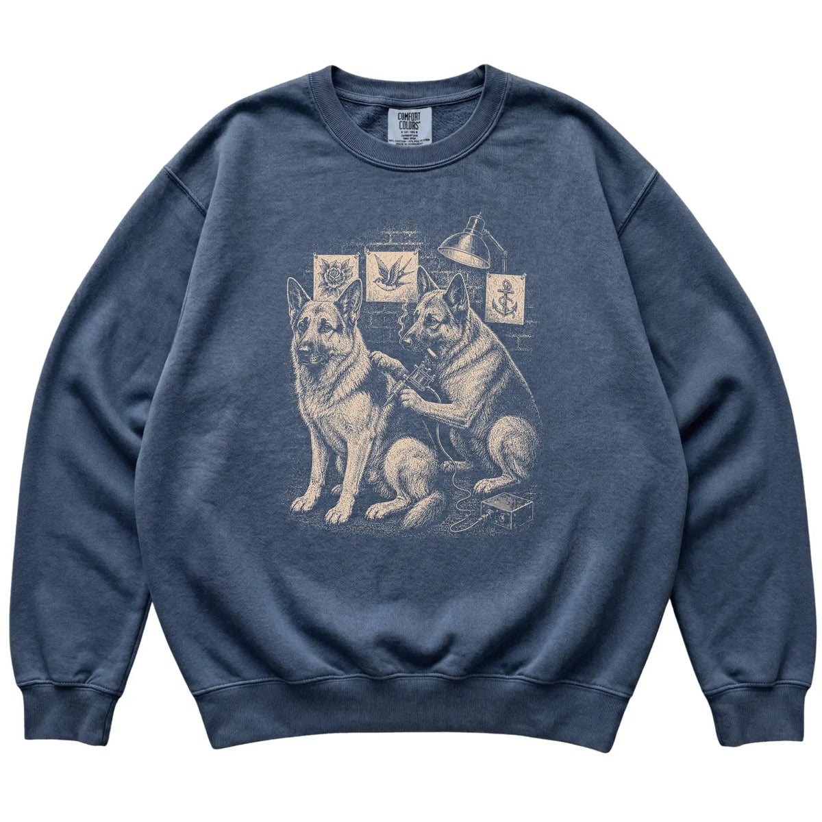 Denim German Shepherd Dog Tattoo Artist shirt laid flat
