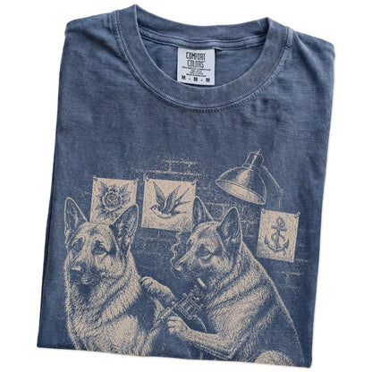 Folded Denim German Shepherd Tattoo t-shirt showing the graphic