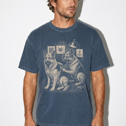 Person wearing a Denim German Shepherd Tattoo t-shirt