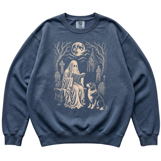 Australian Shepherd Ghost Reading sweatshirt in Denim, flat lay view
