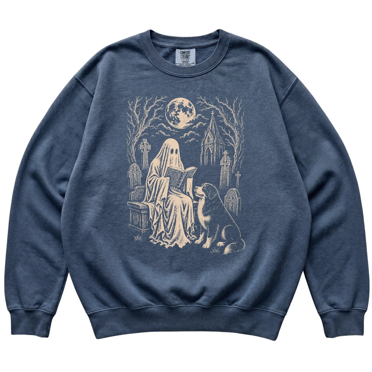 Bernese Mountain Dog Ghost Reading sweatshirt in Denim, flat lay view