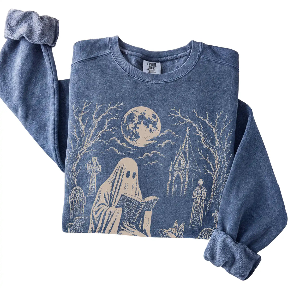 German Shepherd Ghost Reading sweatshirt in Denim, folded detail view