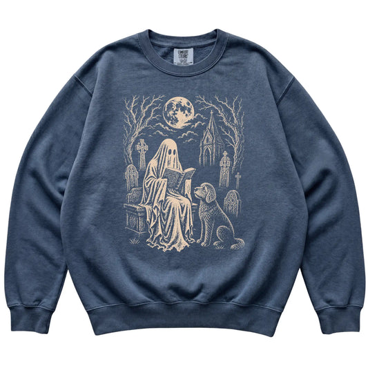 Goldendoodle Ghost Reading sweatshirt in Denim, flat lay view