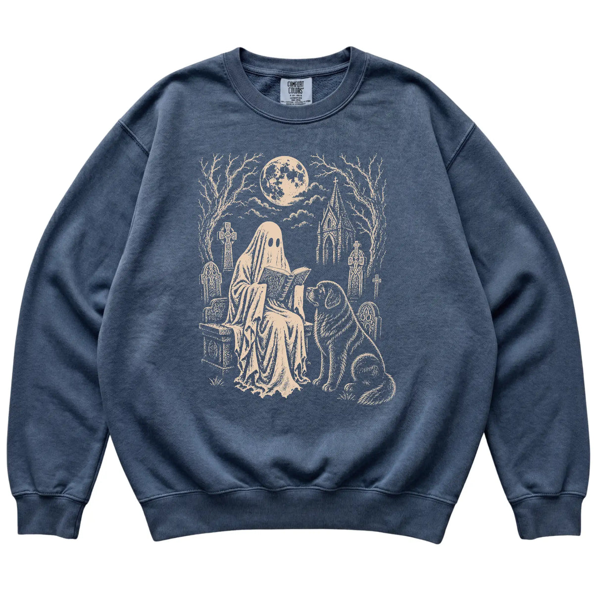 Newfie Ghost Reading sweatshirt in Denim, flat lay view