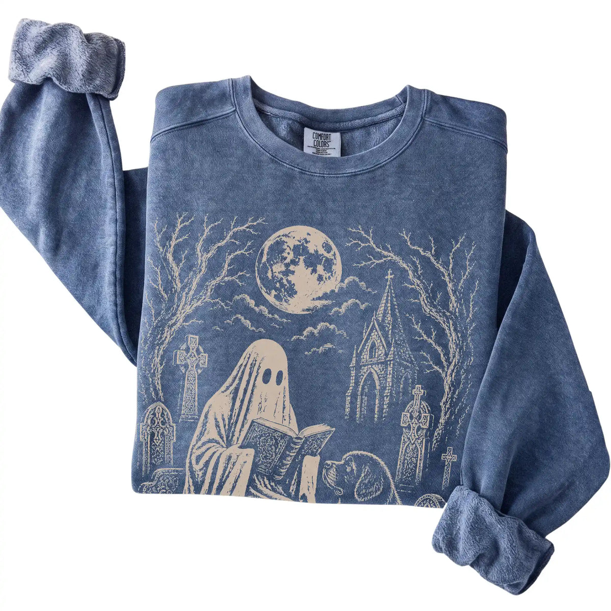 Newfie Ghost Reading sweatshirt in Denim, folded detail view