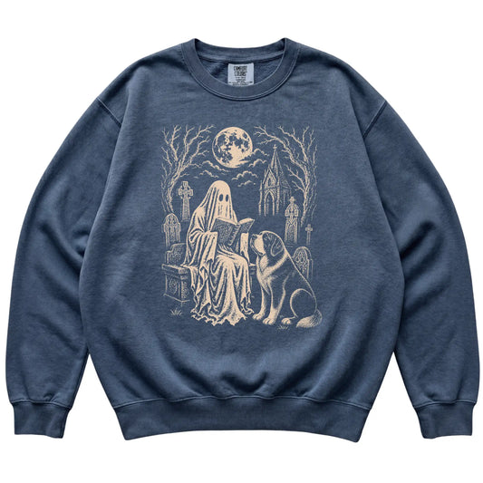 St. Bernard Ghost Reading sweatshirt in Denim, flat lay view