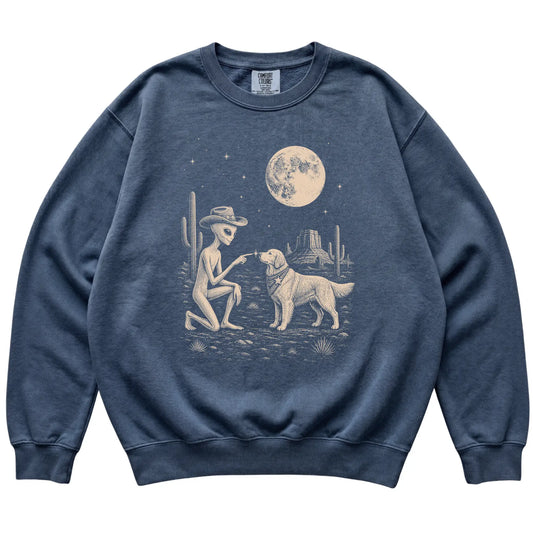 Denim Comfort Colors® sweatshirt featuring Golden Retriever Cowboy and Alien, laid-flat presentation