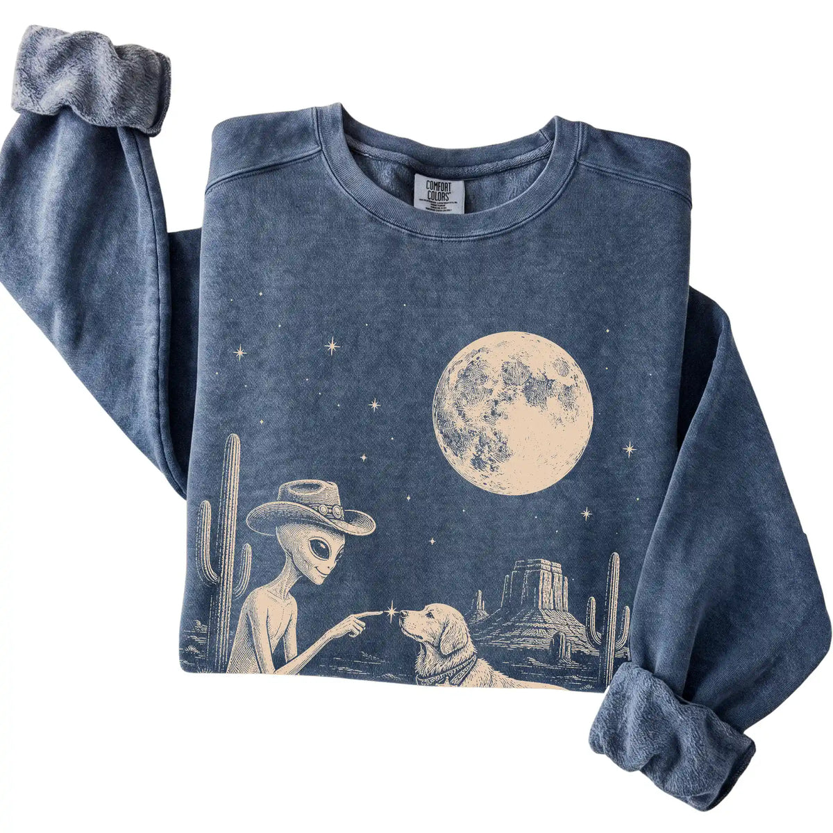 Denim Comfort Colors® sweatshirt featuring Golden Retriever Cowboy and Alien, folded presentation