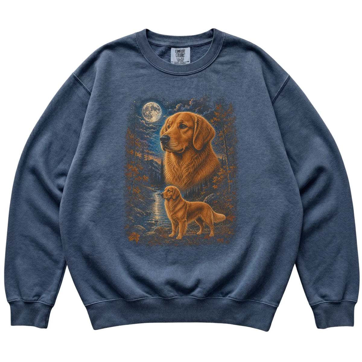 denim sweatshirt with Golden Retriever Autumn Moon artwork.