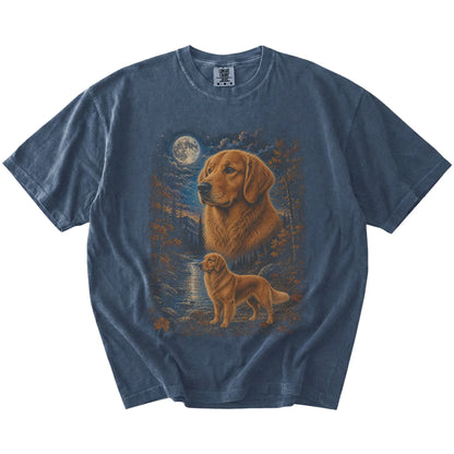 denim T-shirt with Golden Retriever Autumn Moon artwork.