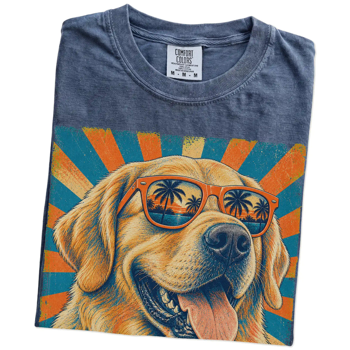 Retro Golden Retriever Dad design on a Denim Comfort Colors T-shirt folded detail