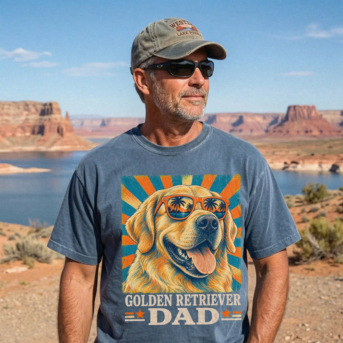 Retro Golden Retriever Dad design on a Denim Comfort Colors T-shirt worn by a model