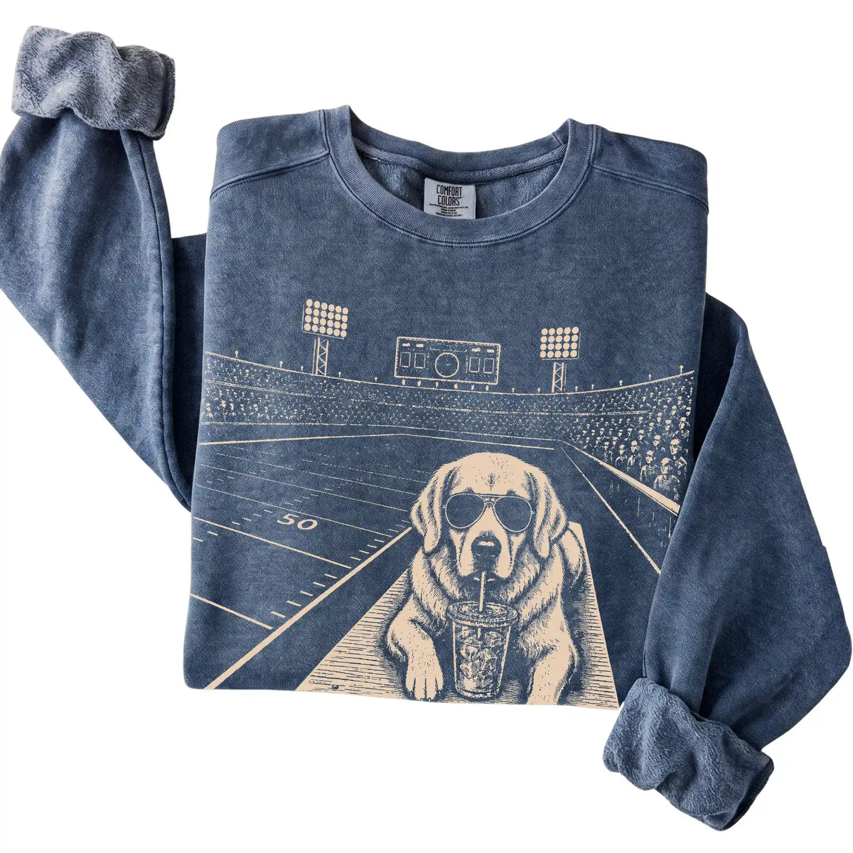 Denim Golden Retriever Football Tailgate sweatshirt, folded