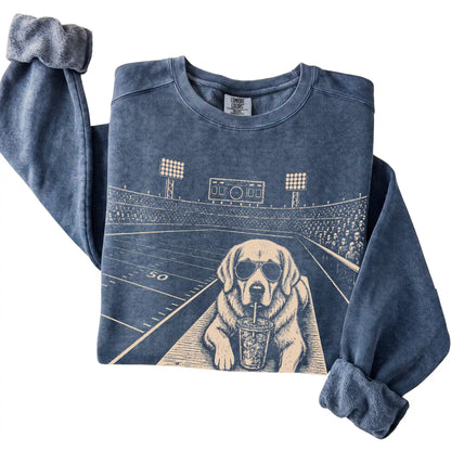 Denim Golden Retriever Football Tailgate sweatshirt, folded