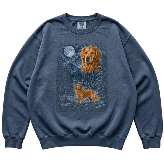 Golden Retriever Forest Moon Sweatshirt in Denim