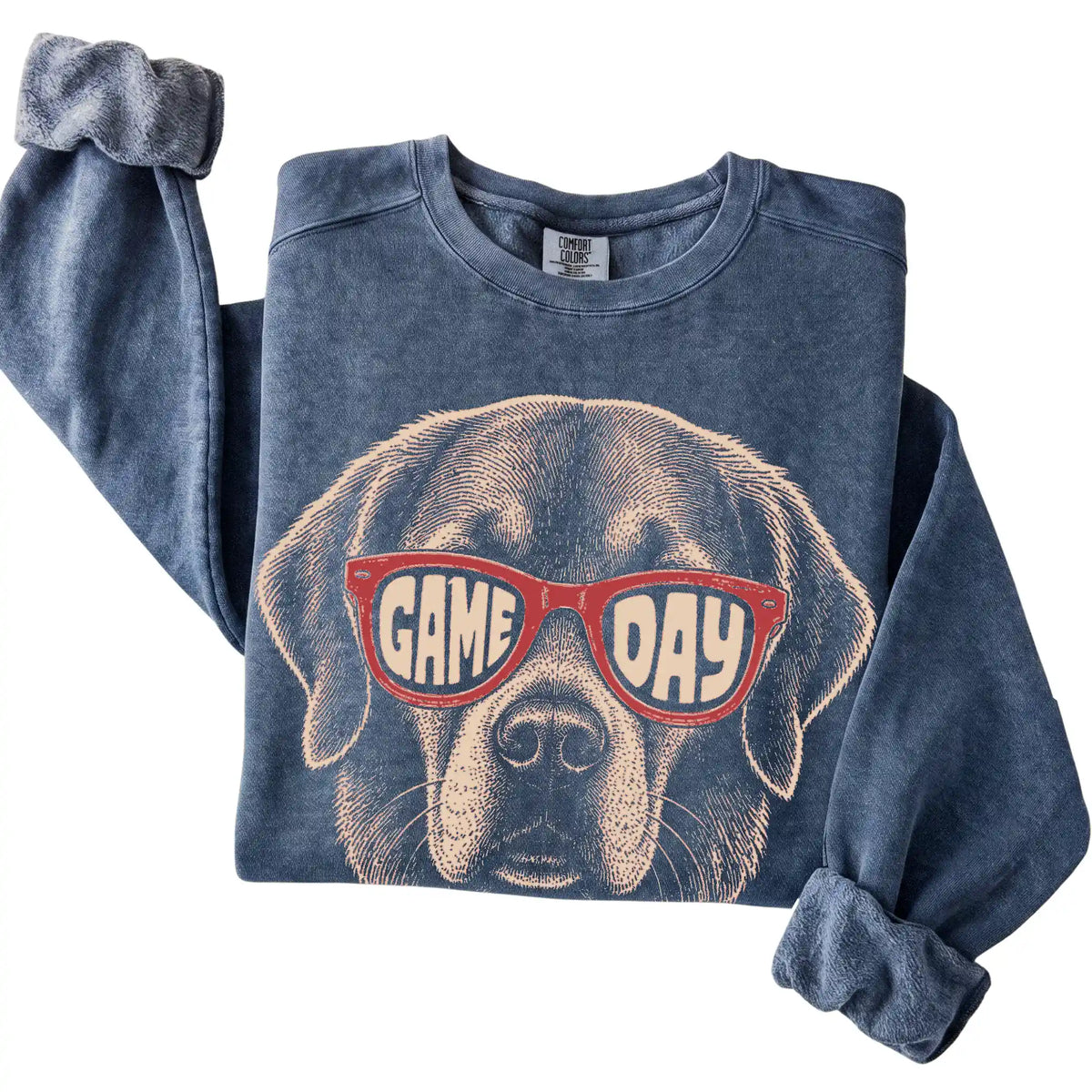 Denim Golden Retriever Game Day Sunglasses sweatshirt, folded