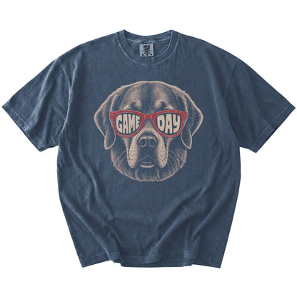 Golden Retriever wearing red Game Day sunglasses on a Denim Comfort Colors® T-shirt