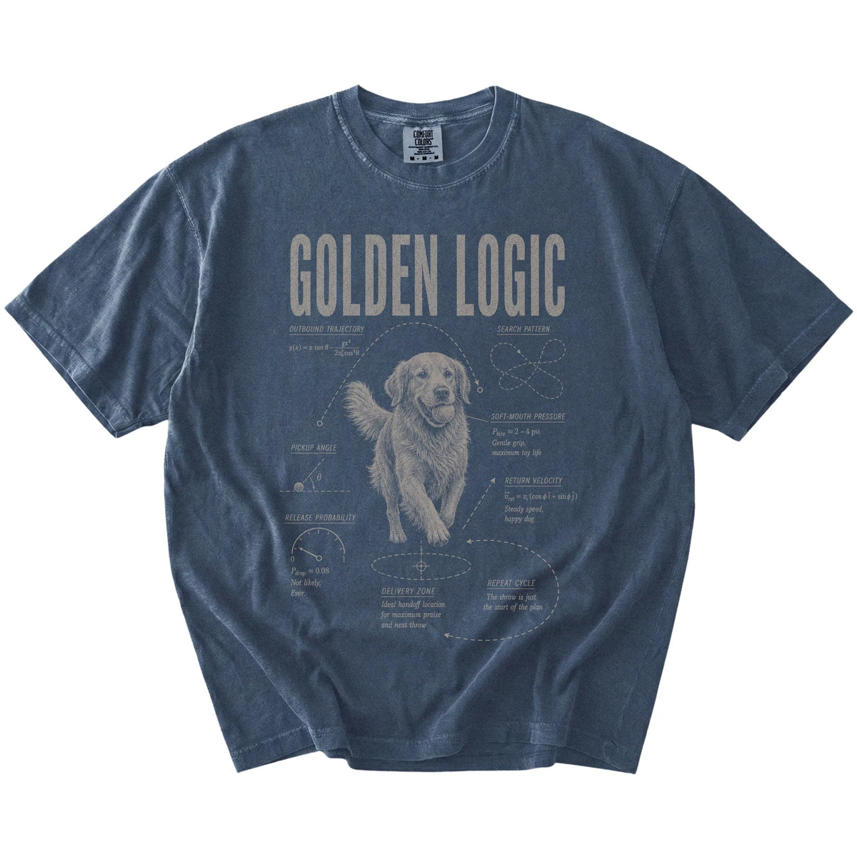 Denim Golden Retriever Logic T-Shirt laid flat