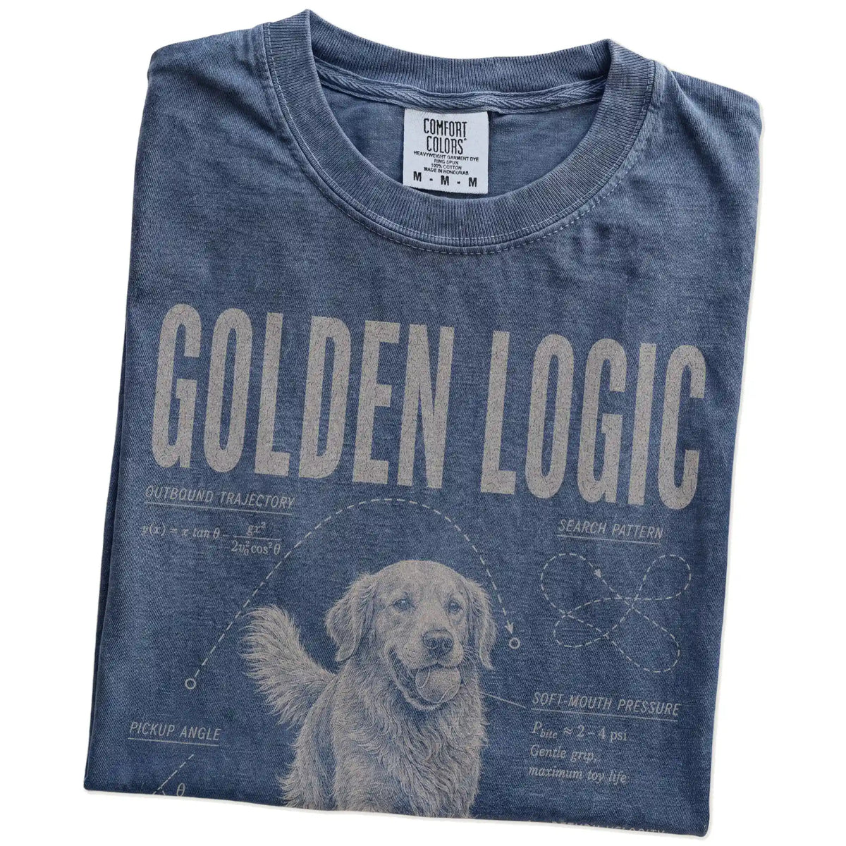Folded Denim Golden Retriever Logic T-Shirt showing the graphic